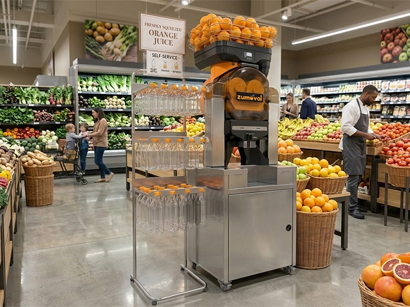 Exprimidores profesionales para supermercados: autoservicio, higiene y ventas por impulso